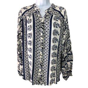 Gi Gio Top Women Size L Blue White Floral Blouse Button Down Long Sleeves